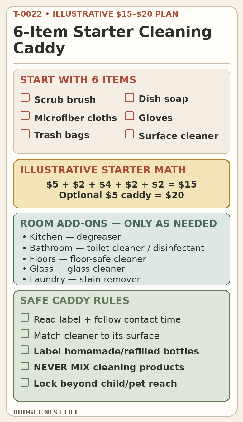 Six-item starter cleaning caddy checklist with illustrative $15 to $20 math, room add-ons, and five label and safety rules.