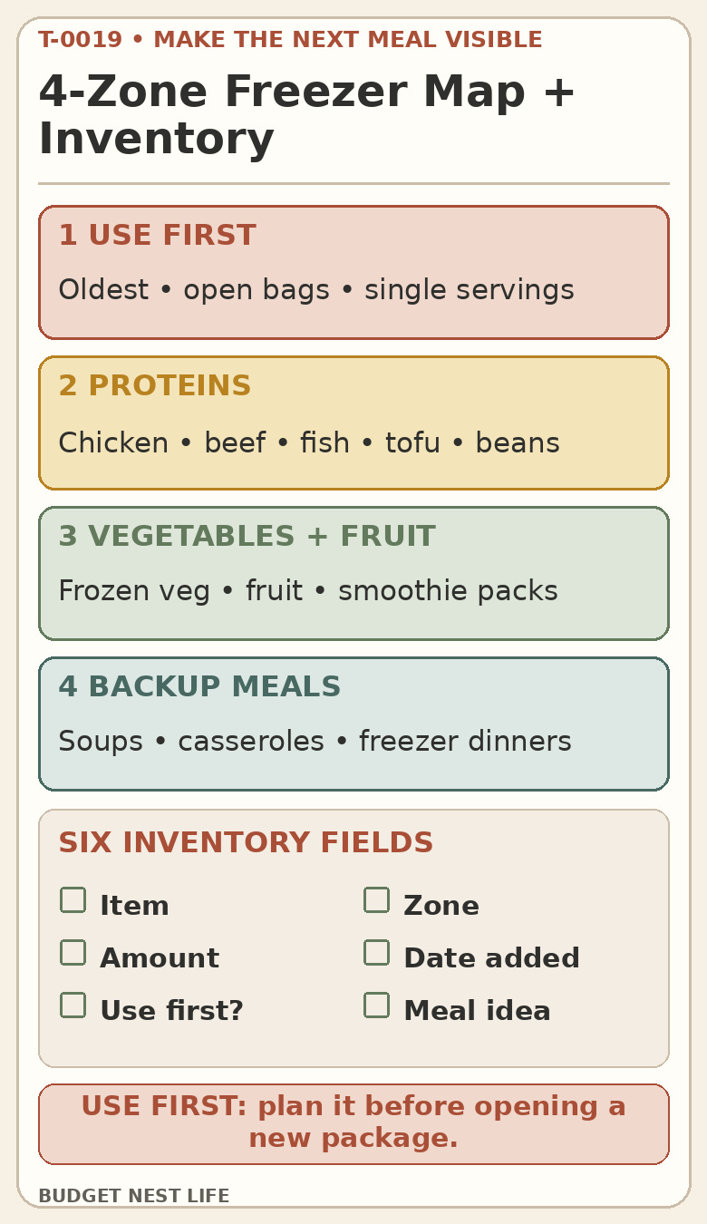 Four-zone freezer map for Use First, Proteins, Vegetables and Fruit, and Backup Meals, with six inventory fields.