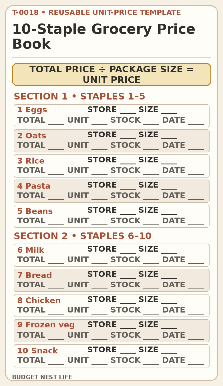 Ten-staple grocery price book template with store, package size, total price, unit price, stock-up price, and date fields.