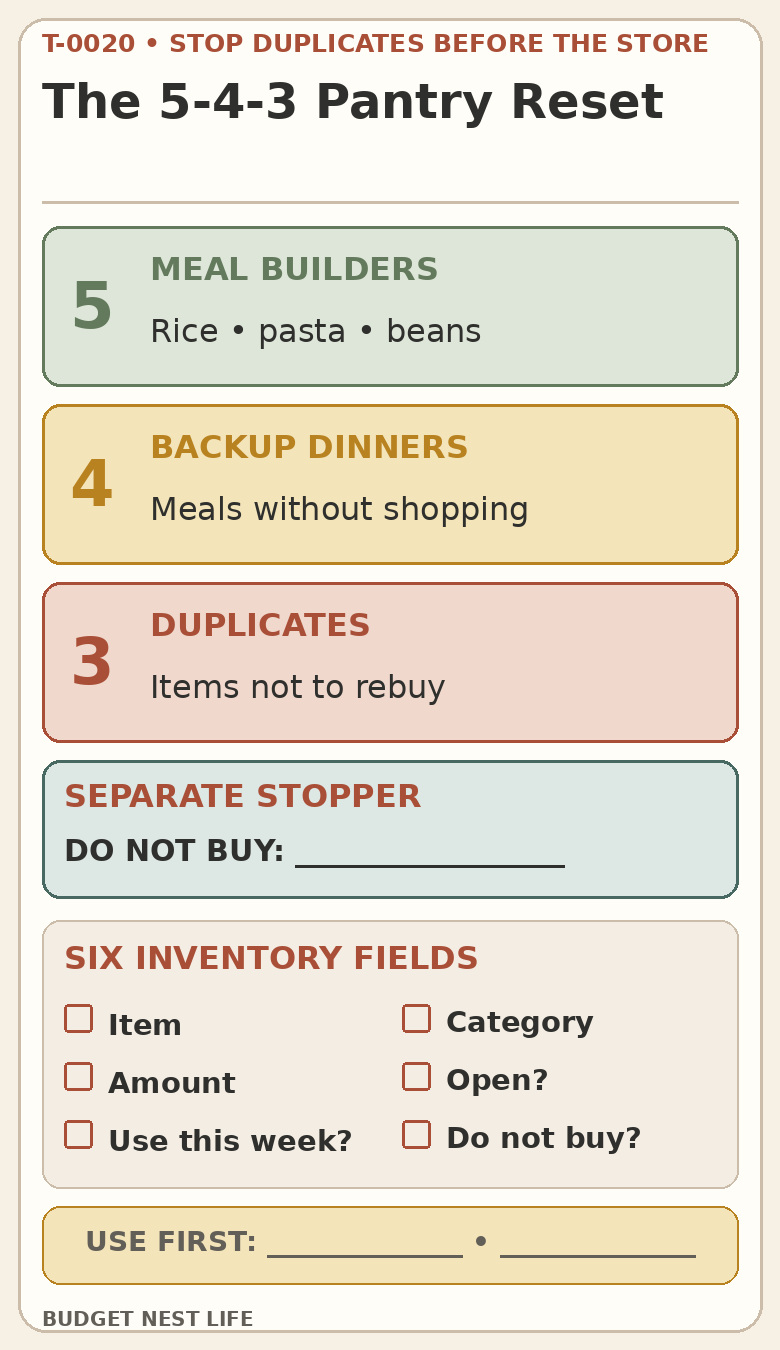 5-4-3 pantry reset with five meal builders, four backup dinners, three duplicates, a separate do-not-buy stopper, and six inventory fields.