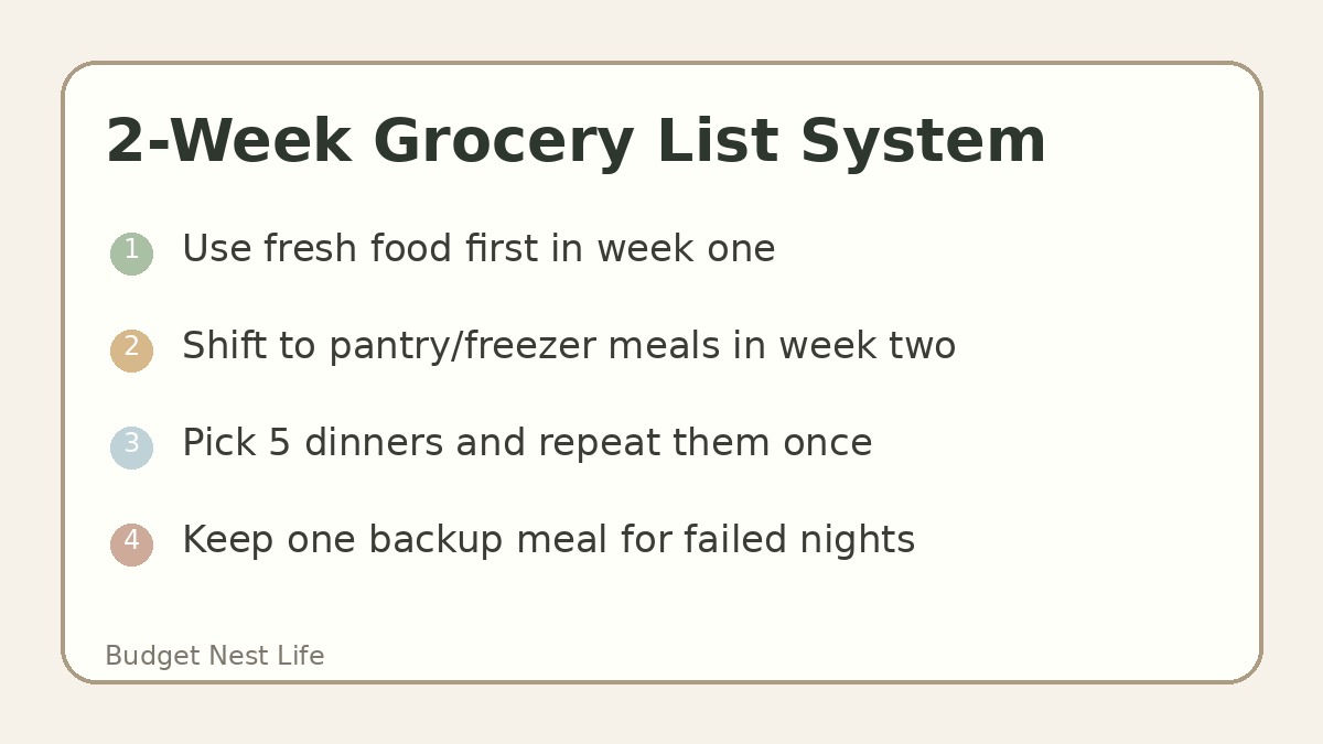 Two-week grocery list system with week one fresh food and week two pantry freezer meals
