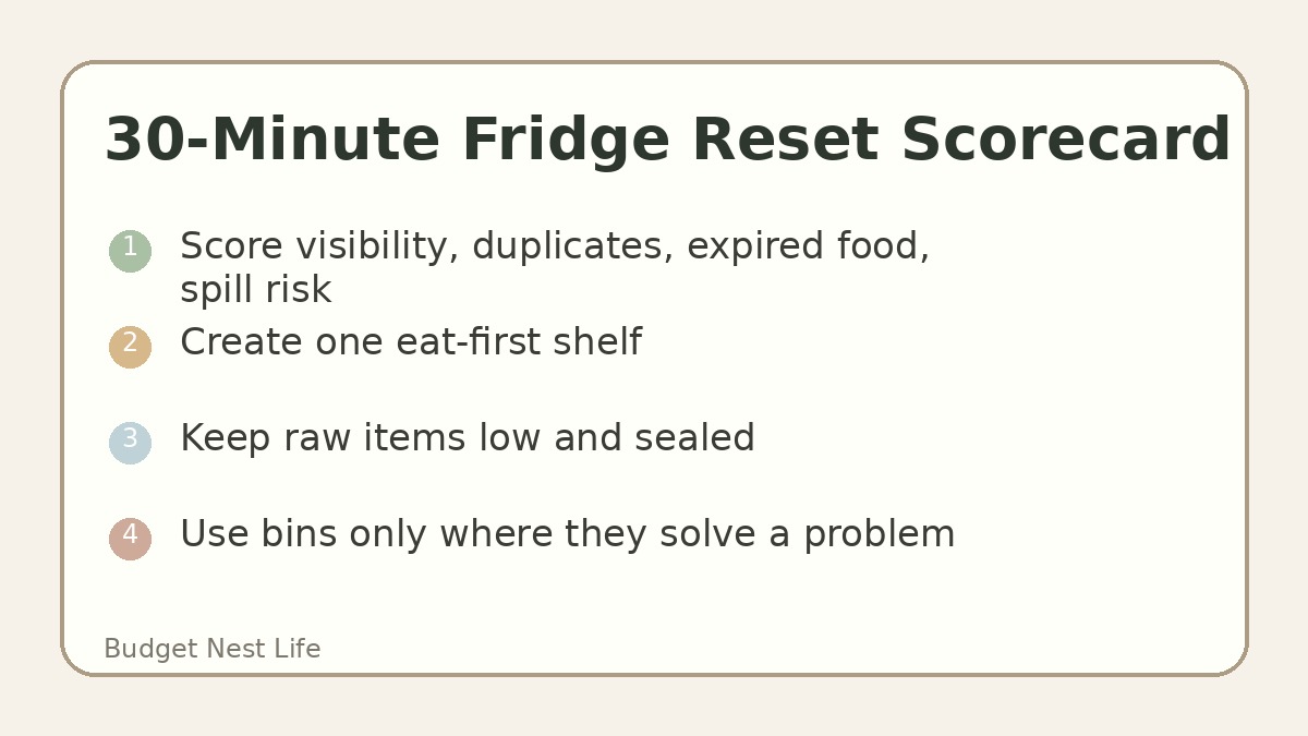 Fridge before and after scorecard with visibility, duplicates, expired food, spill risk, and easy grab snacks