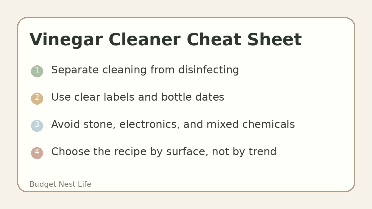 Vinegar cleaner cheat sheet with recipes, surfaces, avoid list, and storage notes