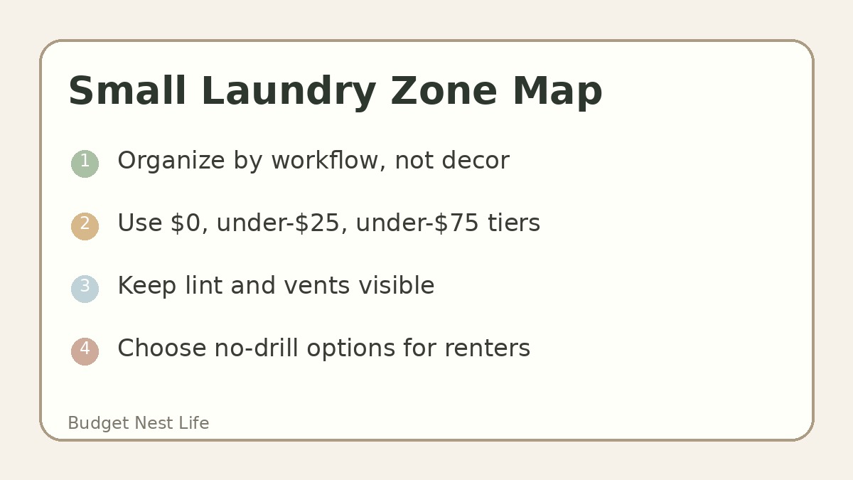 Small laundry room zone map with supplies, lint, drying, folding, and backstock areas