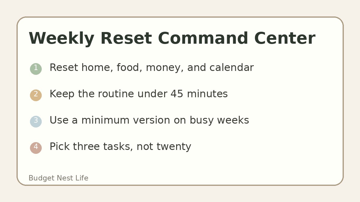 Weekly reset command center for home, food, money, and calendar