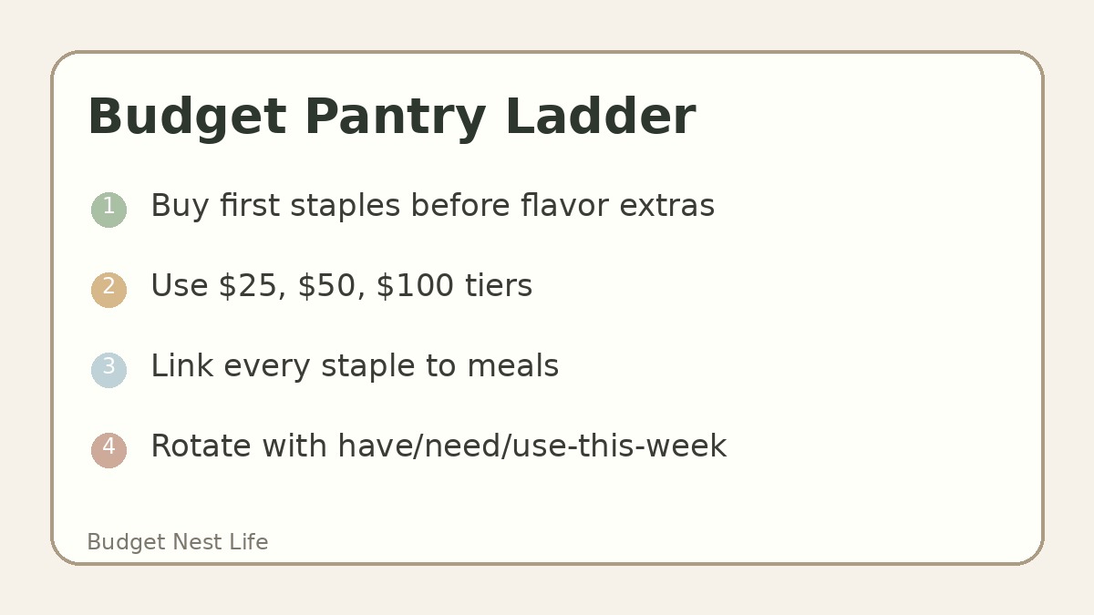 Budget pantry ladder with first 10 staples, next 10 staples, and later upgrades