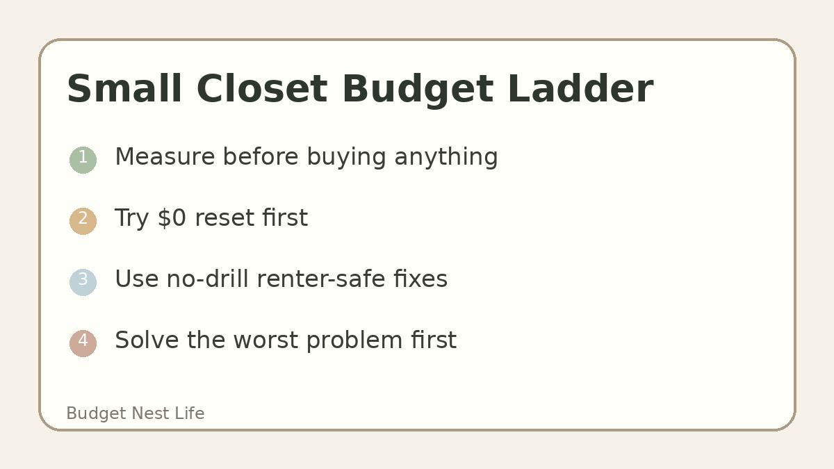 Small closet budget checklist with a $0 reset, under-$25 fixes, and an under-$100 no-remodel plan