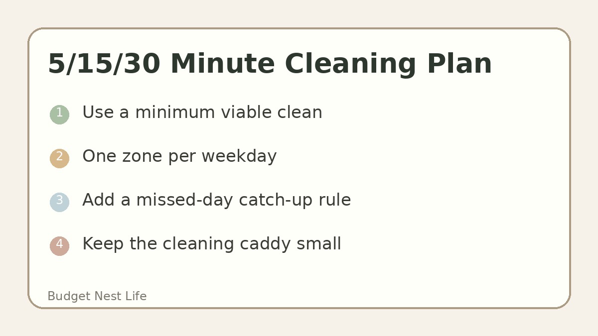 Busy day cleaning decision table with five, fifteen, and thirty minute versions
