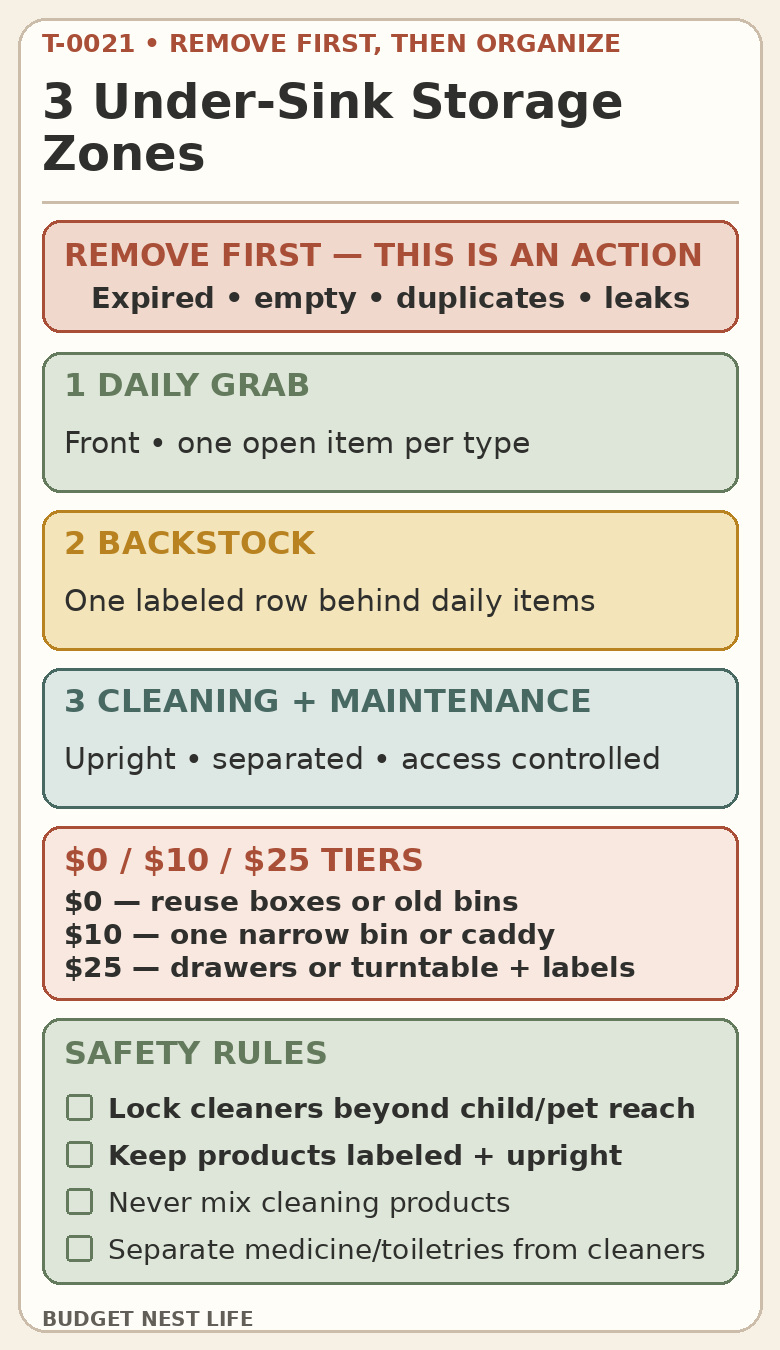 Under-sink organization map with a Remove First action, three storage zones, $0, $10, and $25 tiers, and cleaner safety rules.